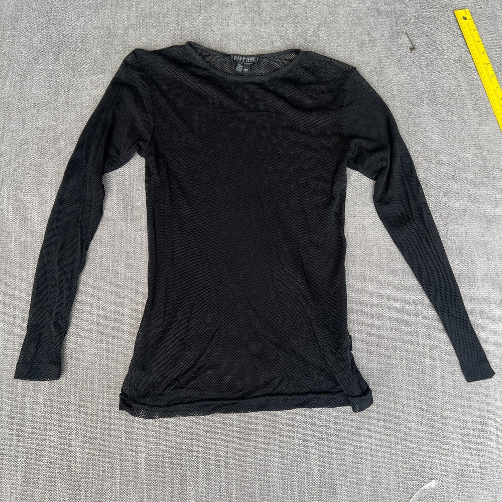 Tripp NYC Fishnet Top Women XS Black Long Sleeve Lightweight Minimalist Pullover